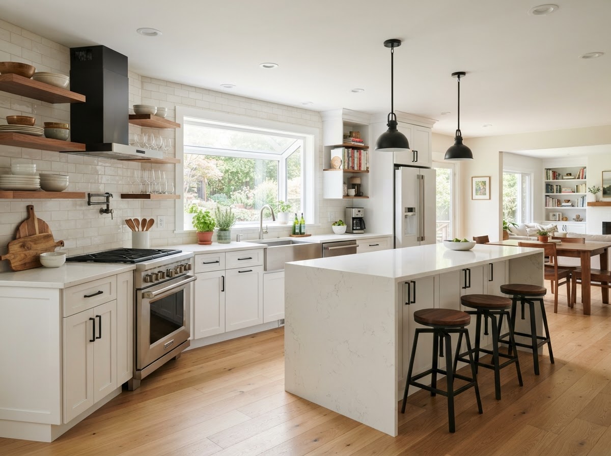 Modern renovated kitchen with white shaker cabinets, a white quartz waterfall island with seating, subway tile backsplash, and stainless steel range.