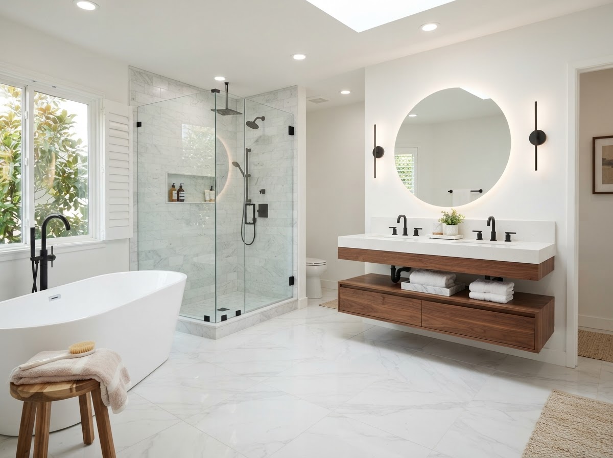 Renovated modern bathroom with a freestanding white soaking tub, glass walk-in shower, floating double vanity, and marble-look tile flooring.