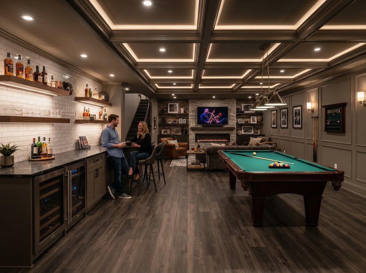 Basement entertainment lounge with a builtin bar featuring a quartz countertop, floating shelves, bar stools, wine fridge, and a pool table area.