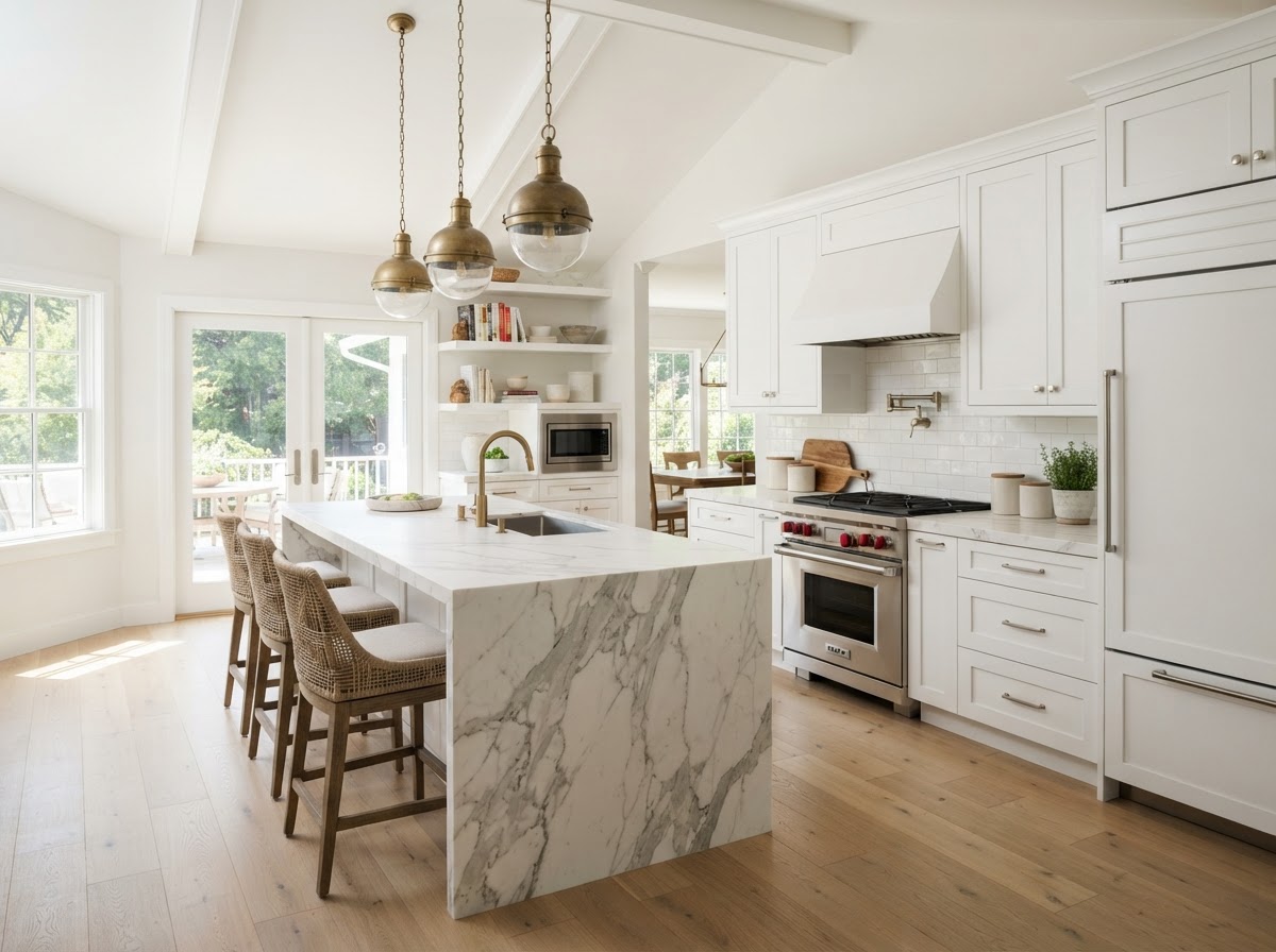 Renovated kitchen with cabinetry, countertops, and island