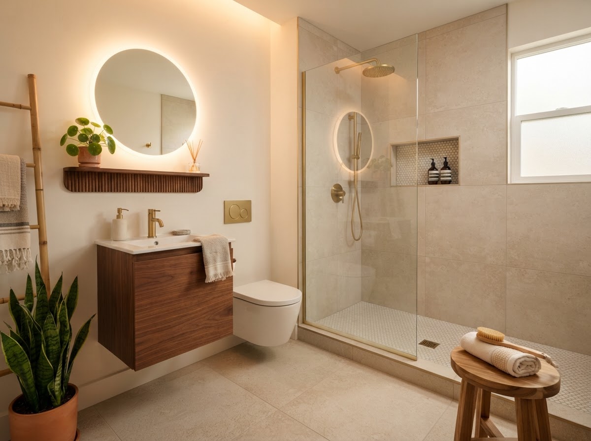 Spa-inspired small bathroom with a curbless walk-in shower, penny round mosaic tile, walnut floating vanity, and brushed gold fixtures.