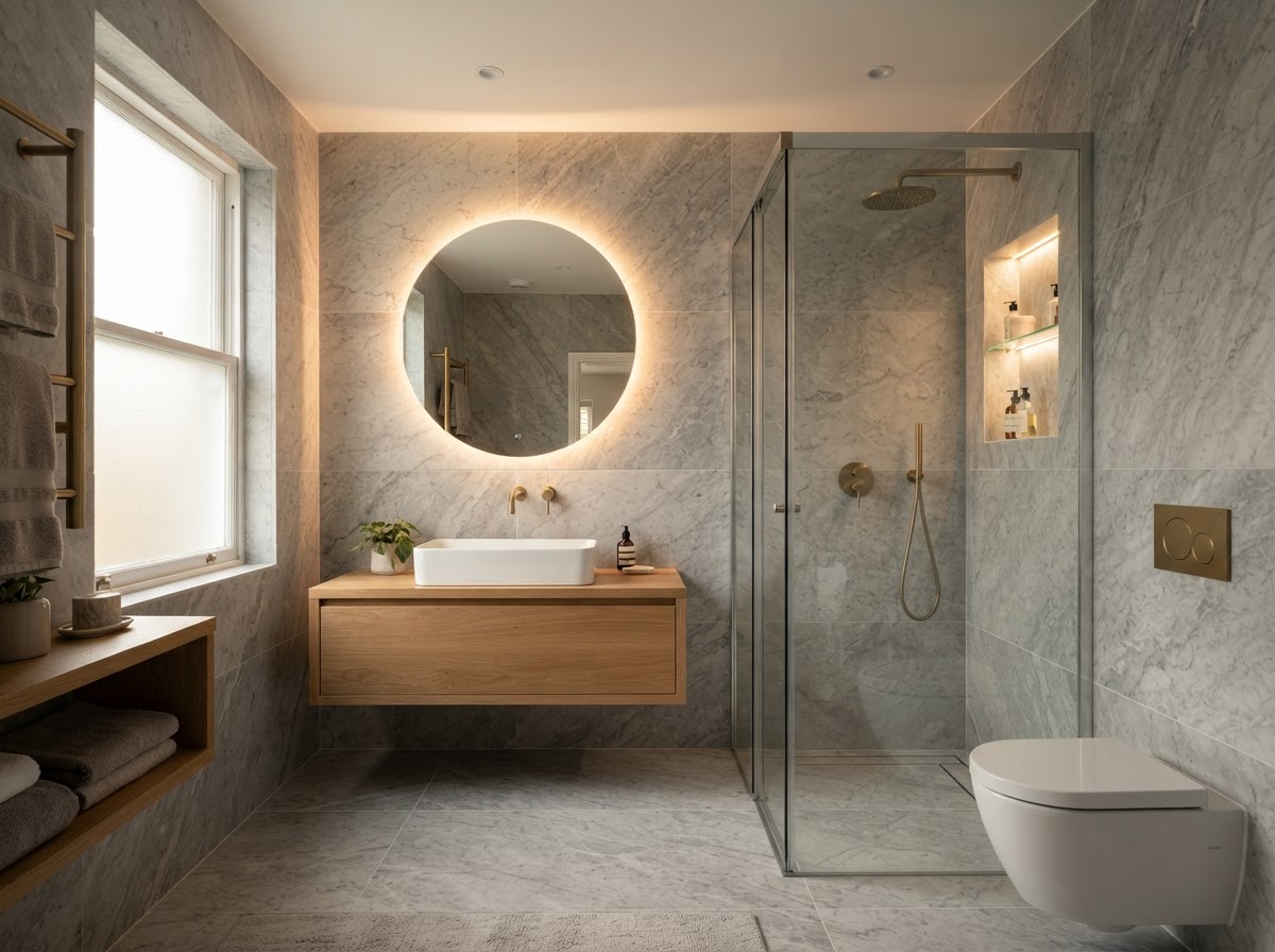 Luxurious master bathroom with floor-to-ceiling grey marble tile, a glass walk-in shower with backlit niche, and a floating oak vanity.