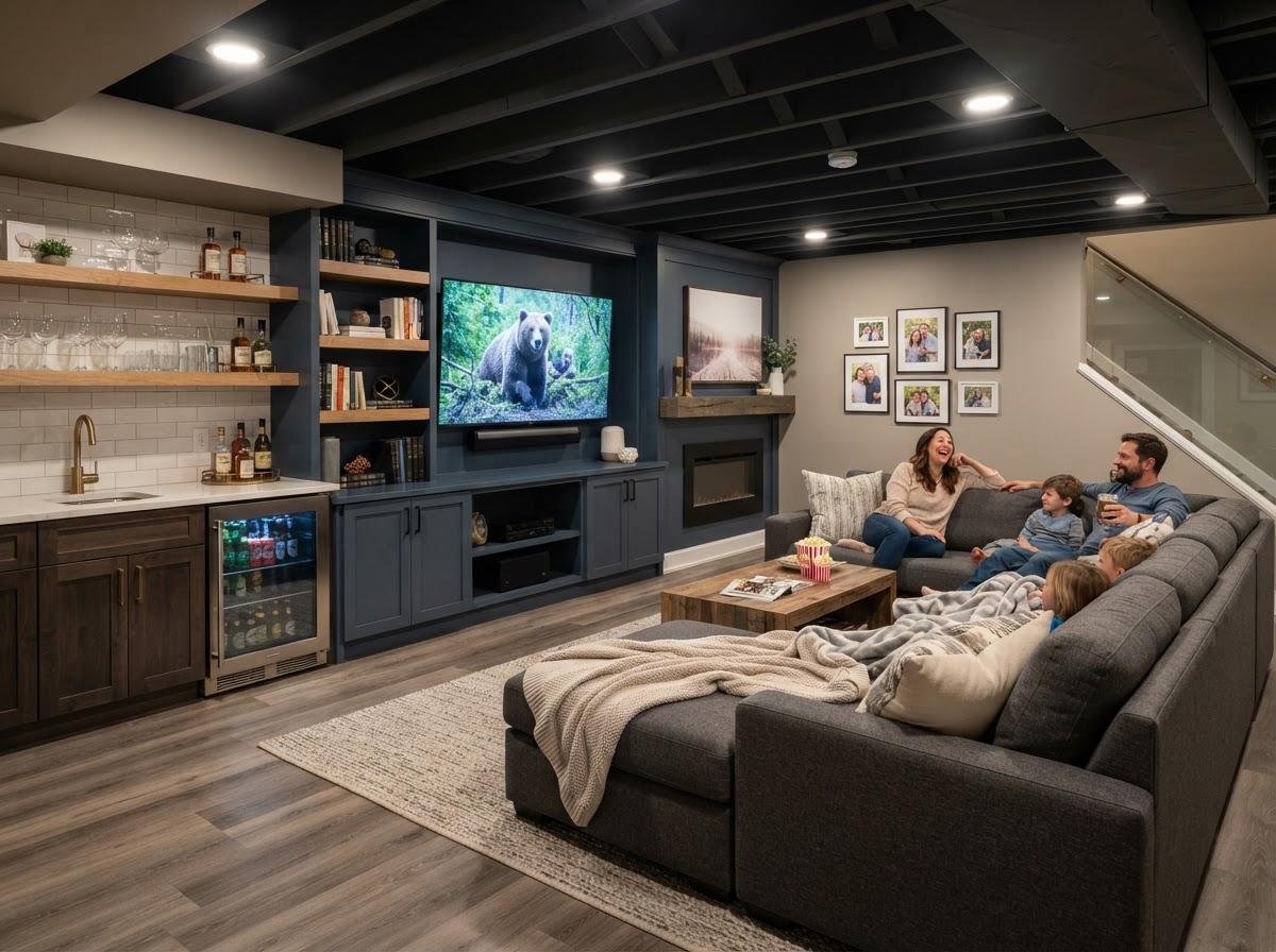 Finished basement family room with a large sectional sofa, builtin media wall with floating shelves, wall-mounted TV, and a small wet bar.