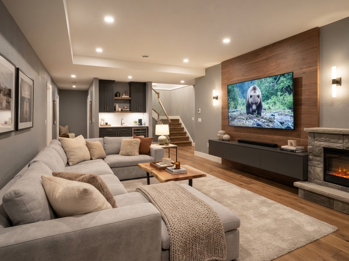 Finished basement living area with recessed lighting