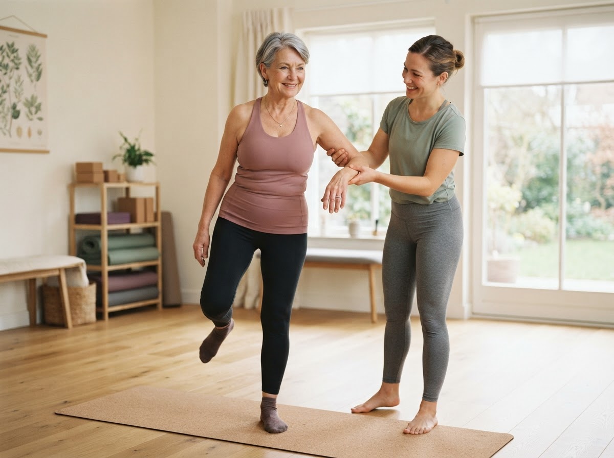 Profesional de kinesiología acompañando a una mujer en ejercicios suaves de equilibrio