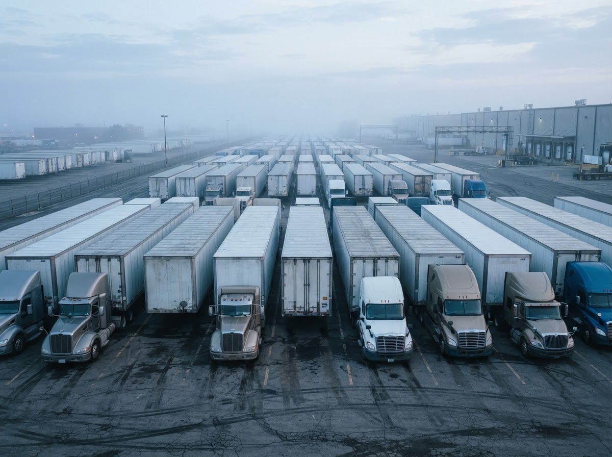 Long-haul trucking freight yard at dawn with rows of dry van trailers