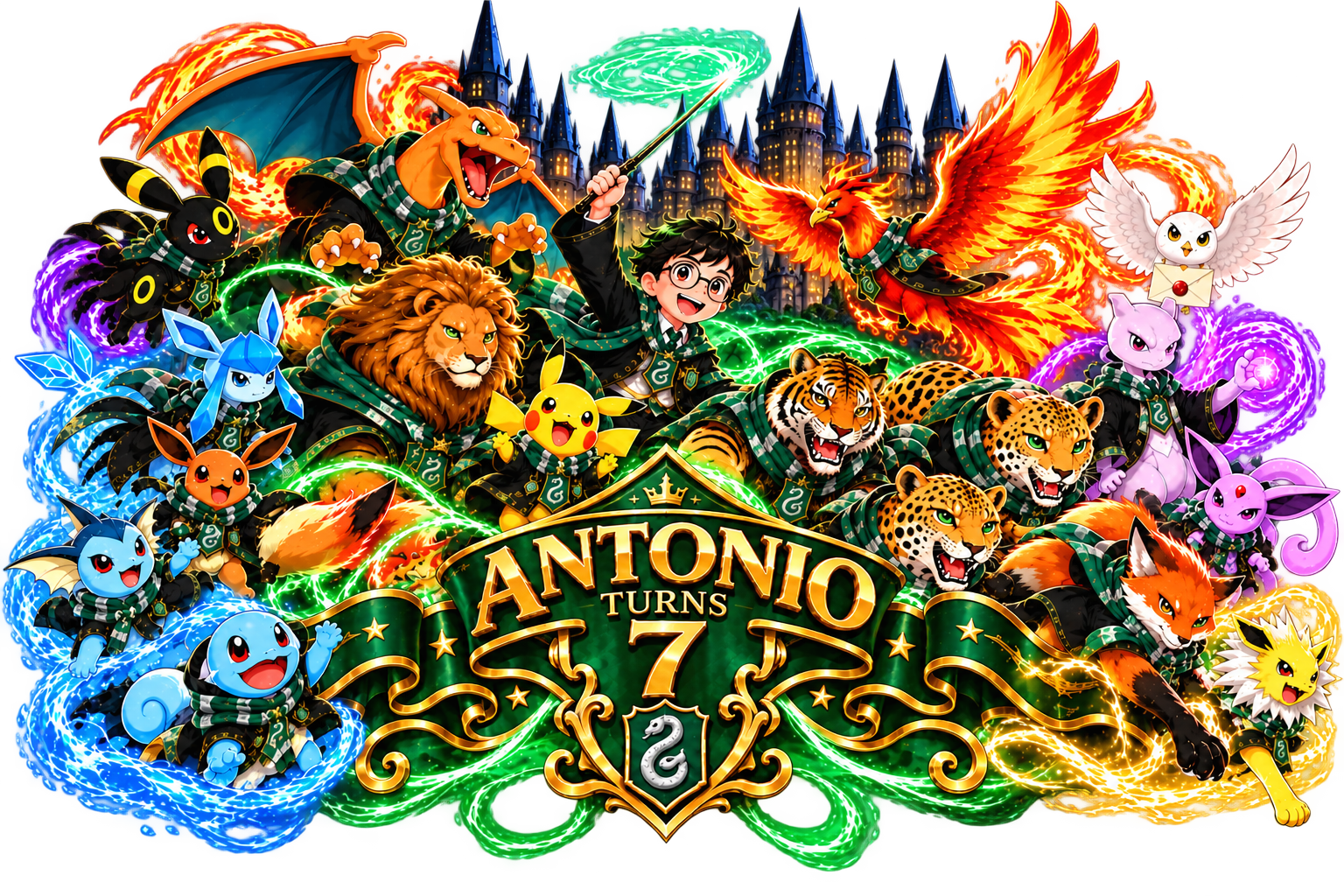 Antonio Turns 7 - Hogwarts Castle with Pokémon, Charizard, Pikachu & Wild Animals
