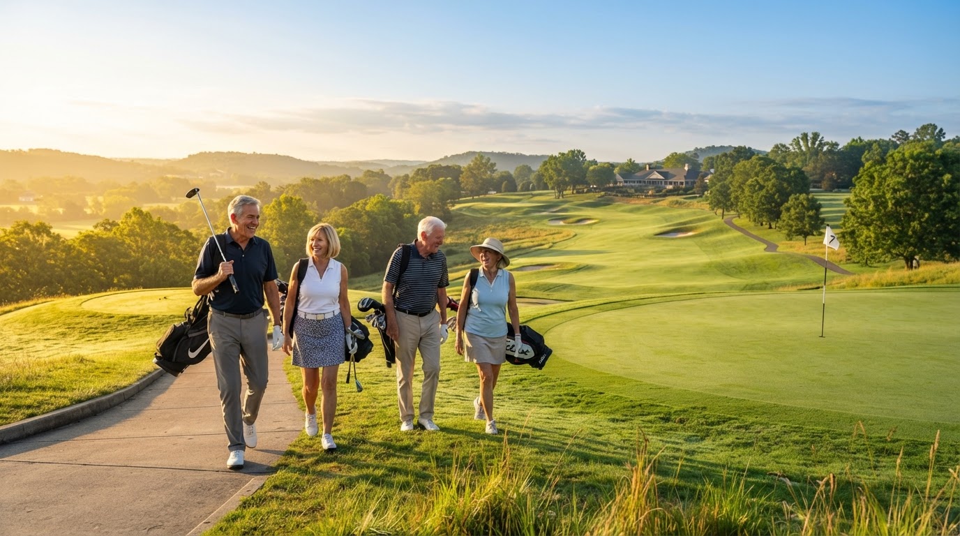 Mature golfers enjoying a scenic round on a sunlit course