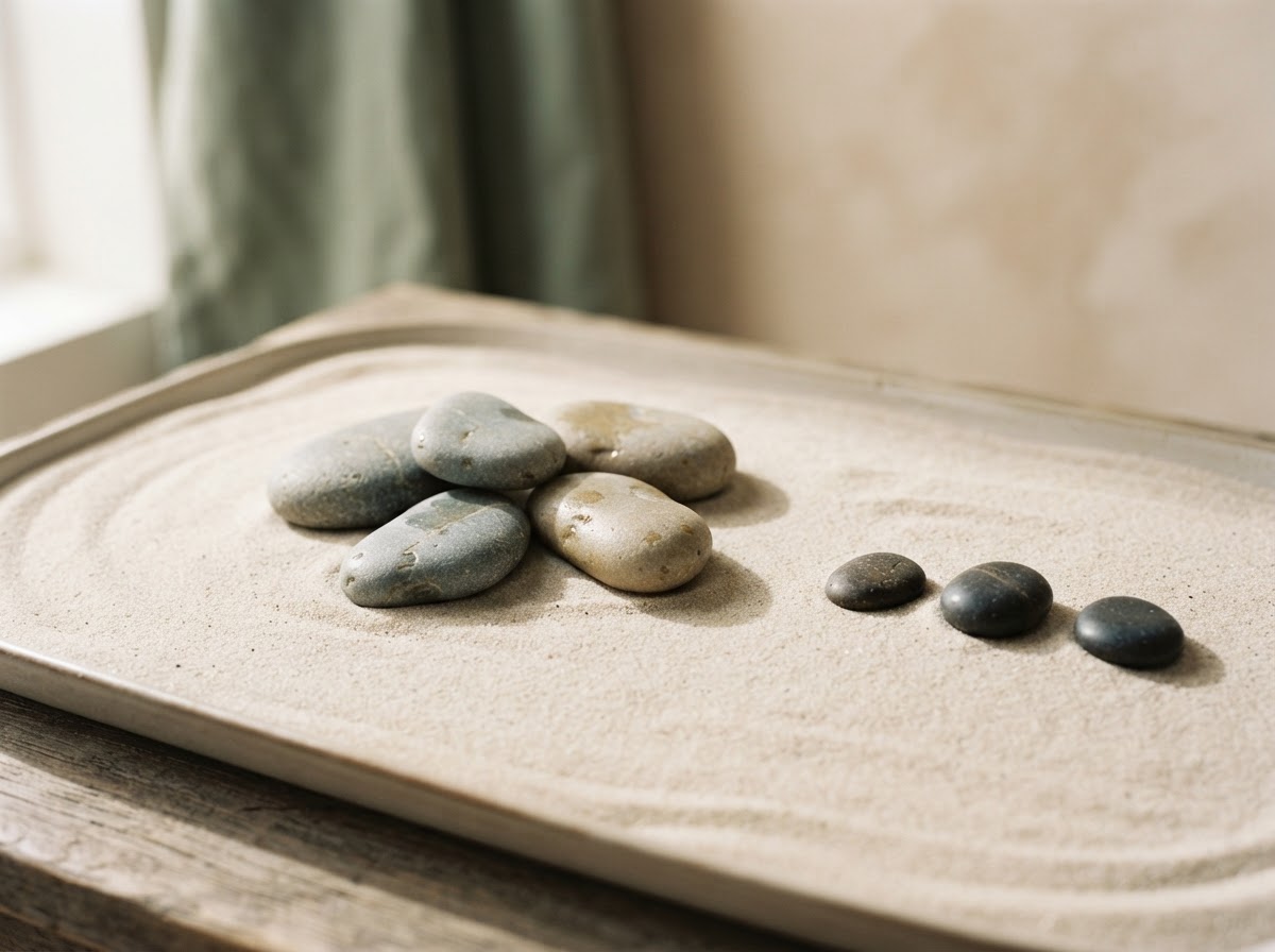 Piedras lisas sobre arena fina, composición contemplativa y minimalista.