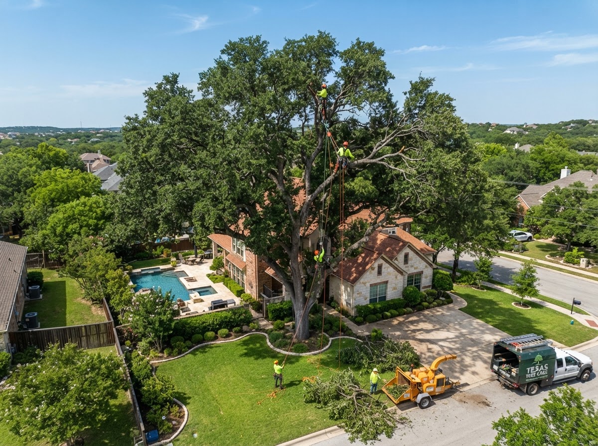 Aerial view of a live oak being pruned with ropes and rigging