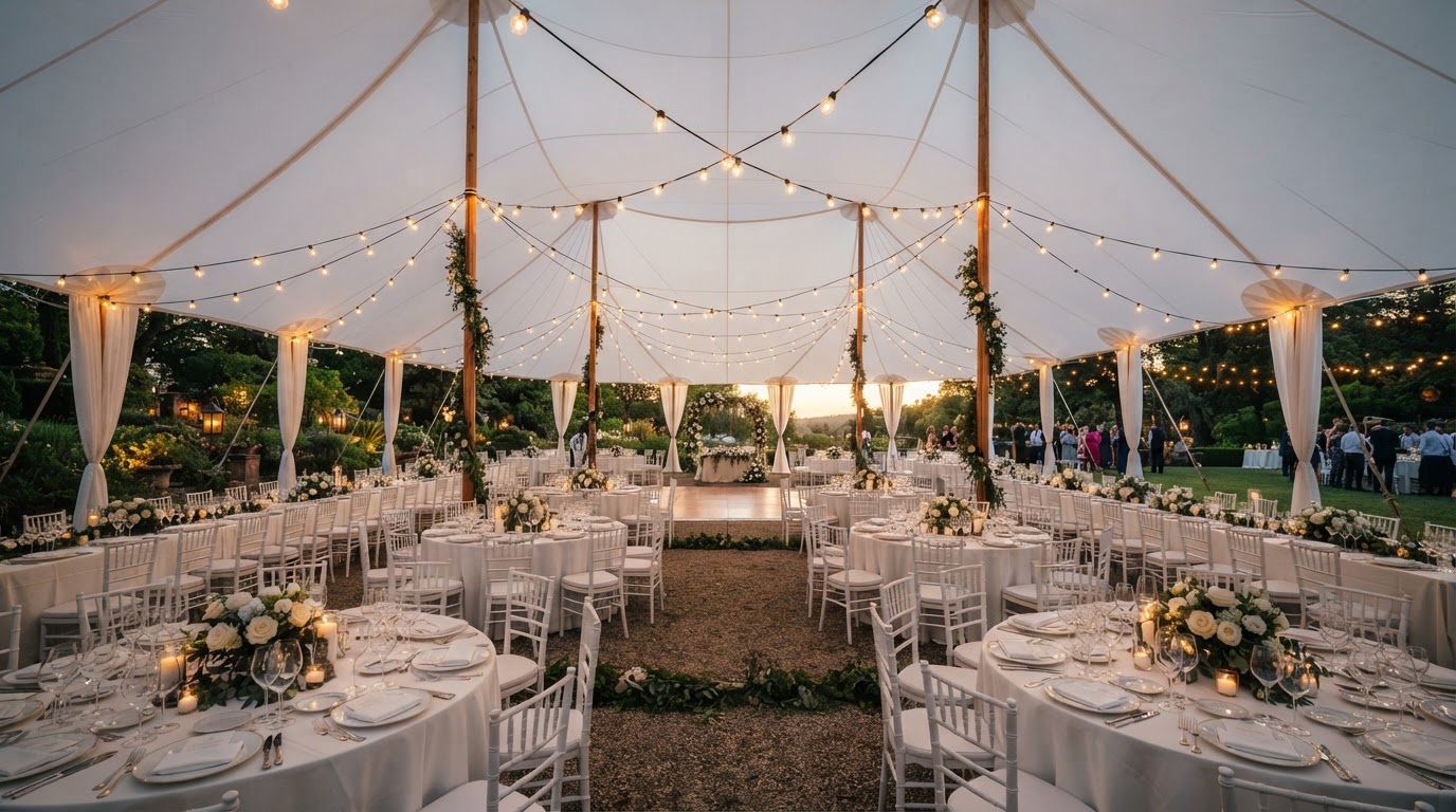 Elegant outdoor evening event setup by Juarez Event Rentals in East LA