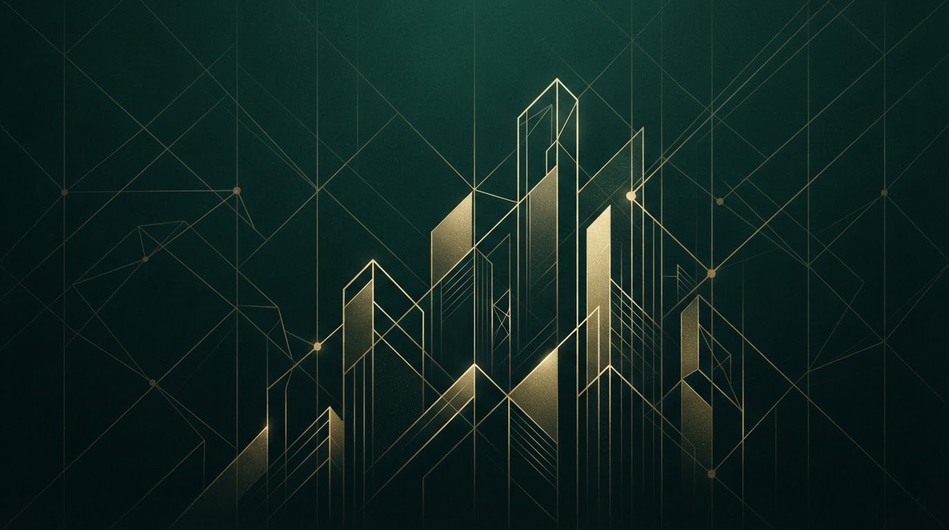 Abstract emerald-and-gold systems grid representing business growth and connections