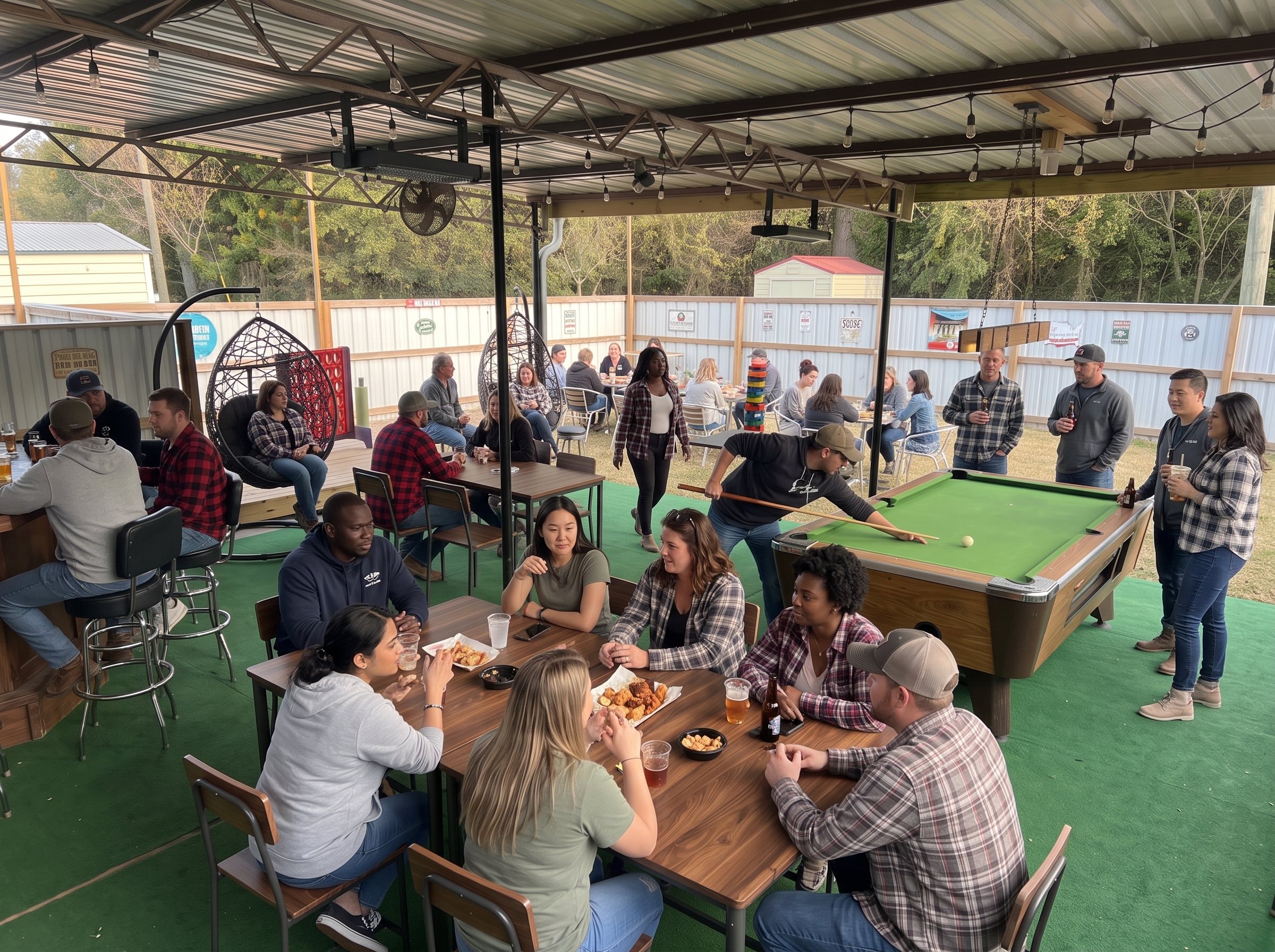 Guests enjoying food, drinks, and pool on the covered patio at On Cue Billiards