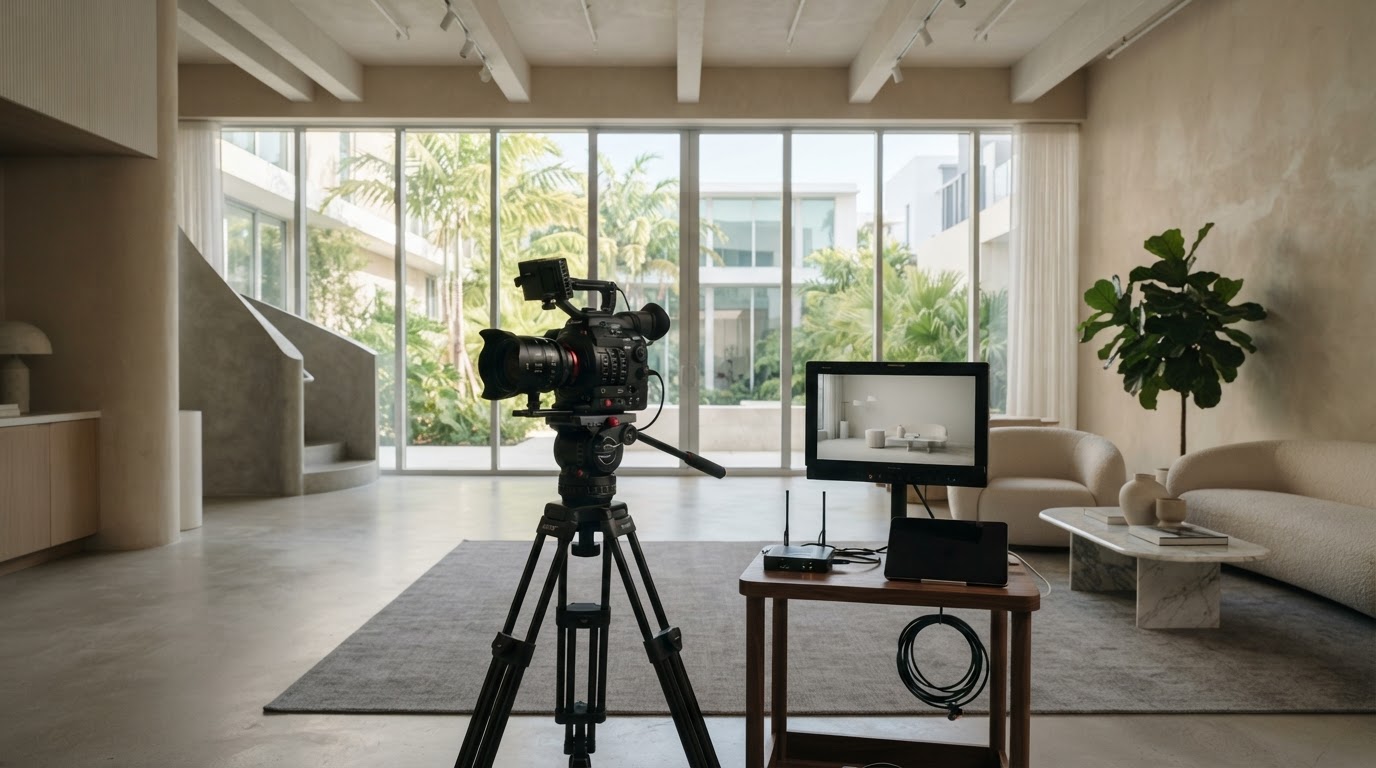 A camera setup in a bright South Florida content studio