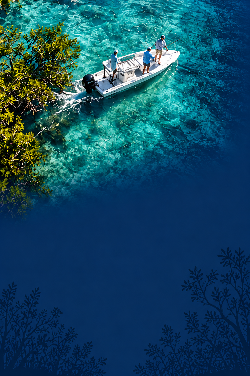 Aerial view of a family fishing boat cruising crystal turquoise South Florida shallows