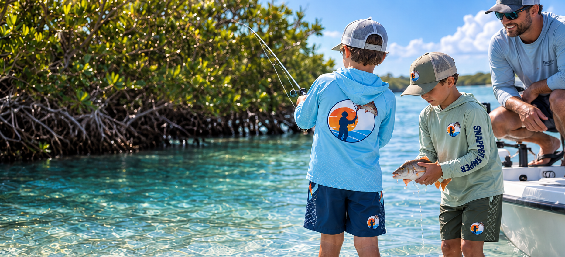 Father and young boys in Snapper Sniper sun hoodies catching redfish in South Florida saltwater