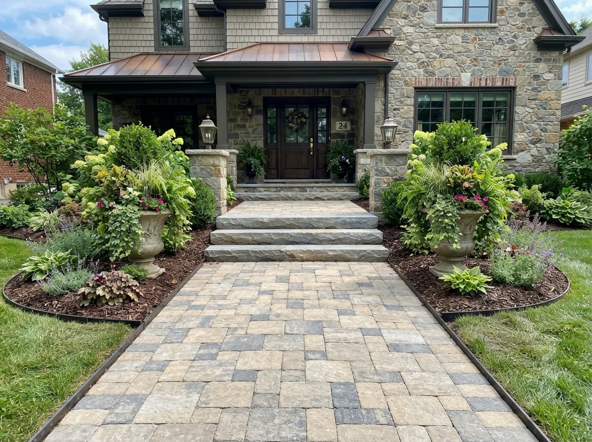 A finished paver front entry with wide stone steps and flanking planters.
