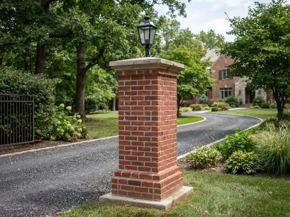 A finished freestanding red brick column at the end of a driveway with a capstone.