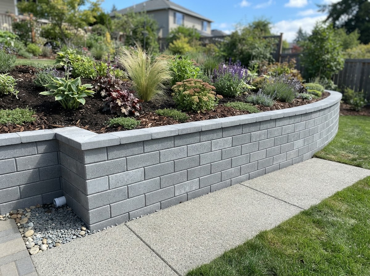 A newly built gray concrete block retaining wall holding back a landscaped garden bed.