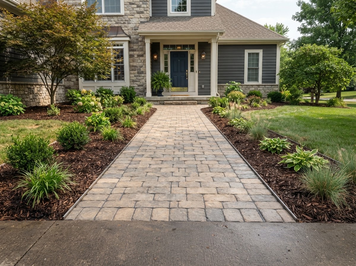 A newly installed stone paver walkway in a running bond pattern leading to a home entry.