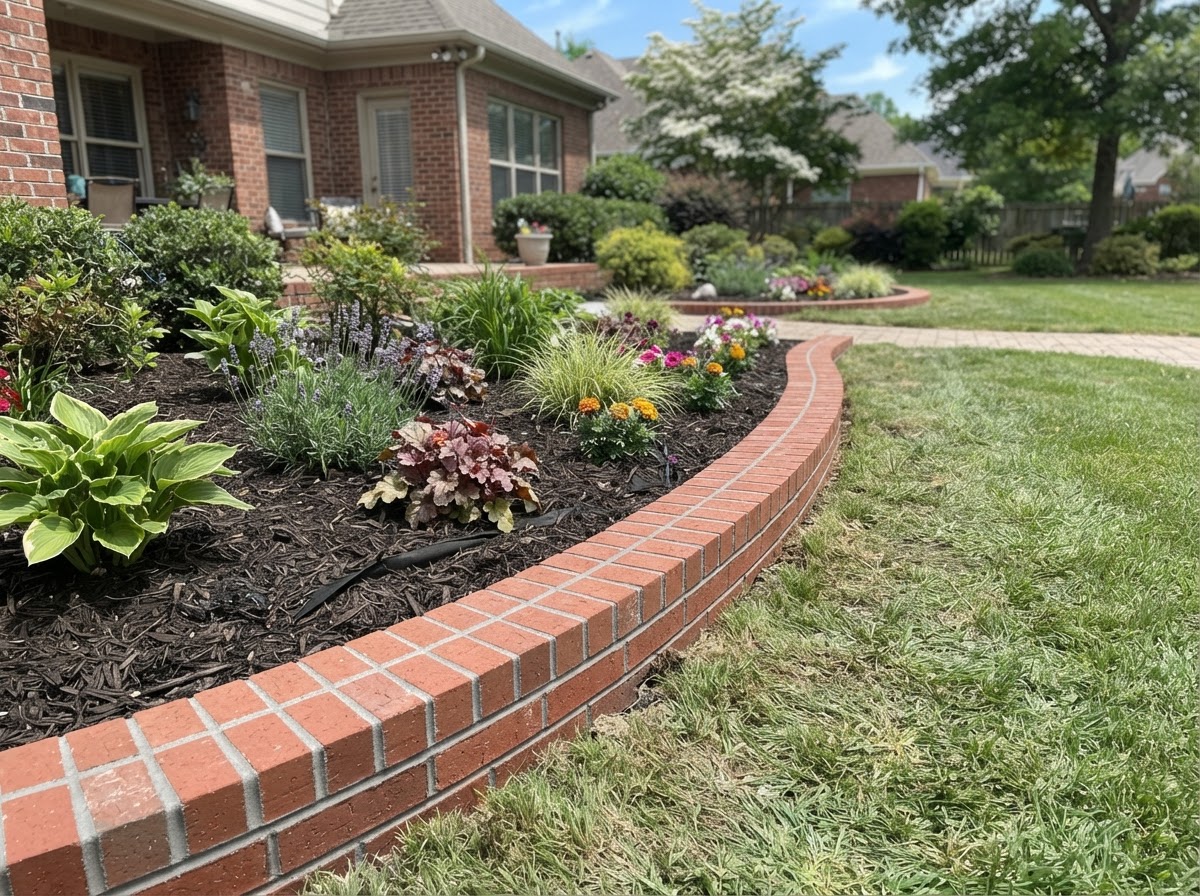 A newly installed red brick garden border edging a landscaped flower bed.