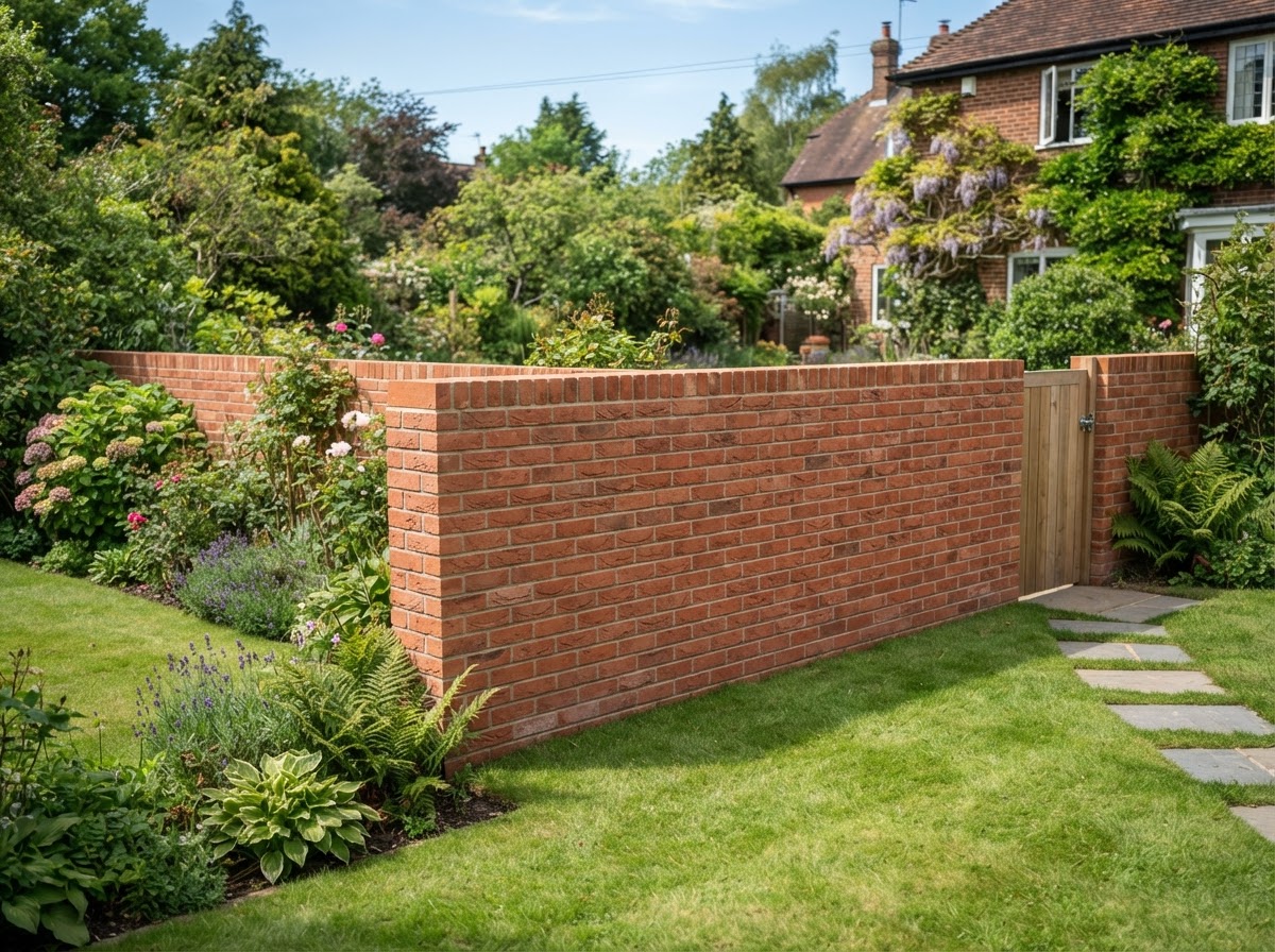 A finished brick masonry garden wall with clean mortar joints in a residential yard.