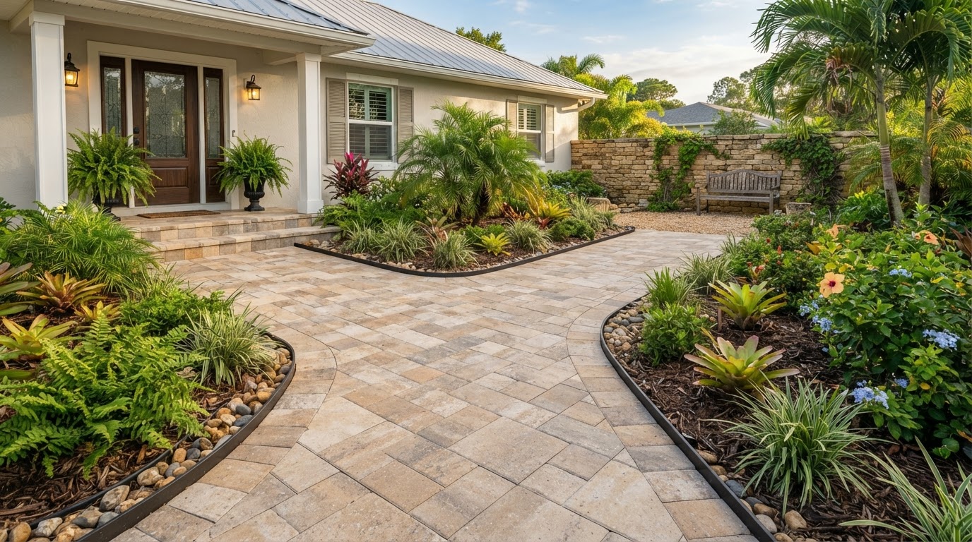 A finished paver path connecting a residential entry to a garden, with a low masonry feature in the background.