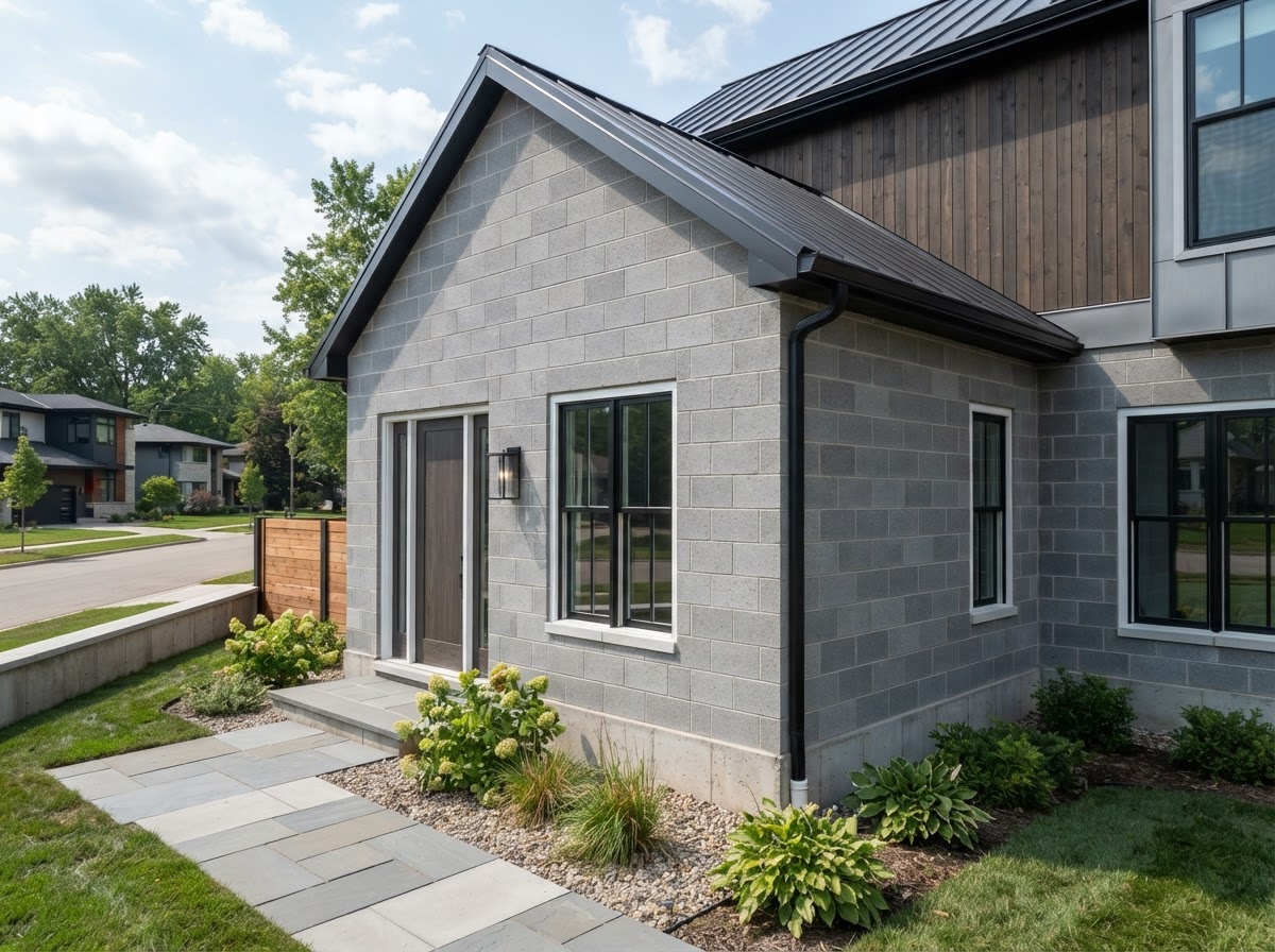A finished concrete block masonry structure with precise joints and a clean surface.