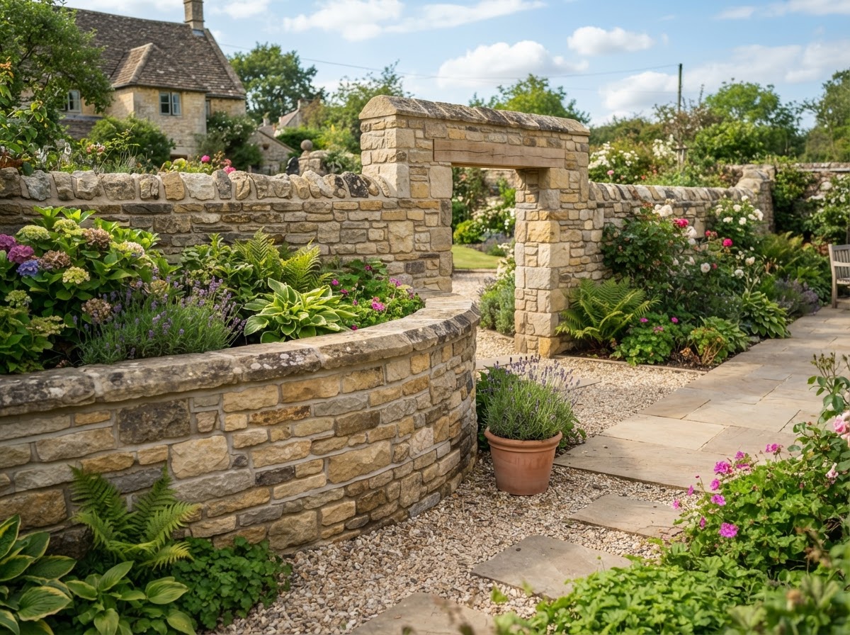A finished stone masonry feature with neatly fitted natural stones and clean mortar.