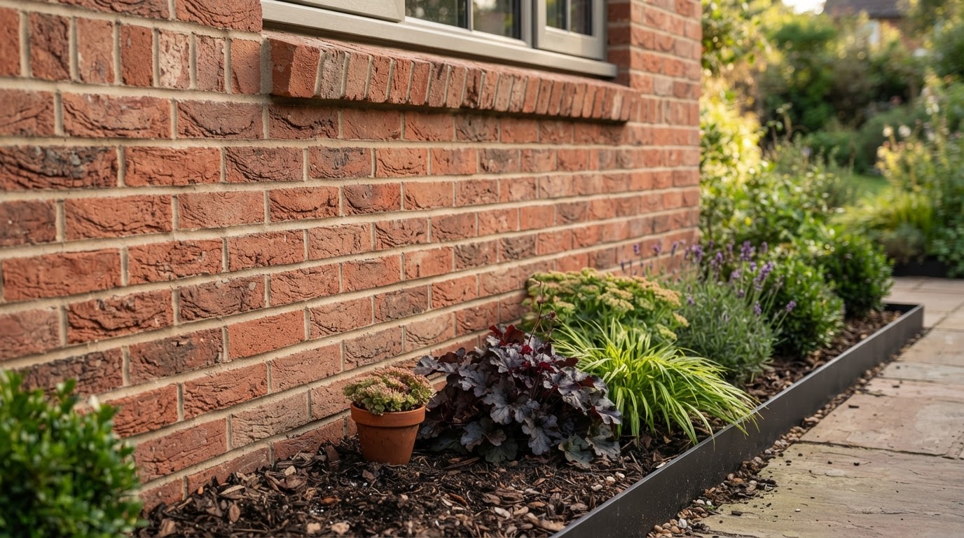 A close, contextual view of finished brick masonry with clearly legible mortar joints and a tidy bond pattern.