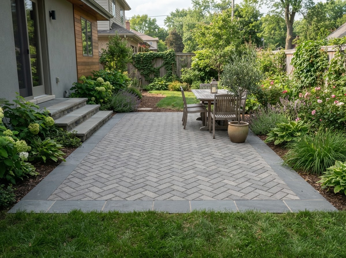A finished concrete paver patio in a herringbone pattern with a clean stone border.