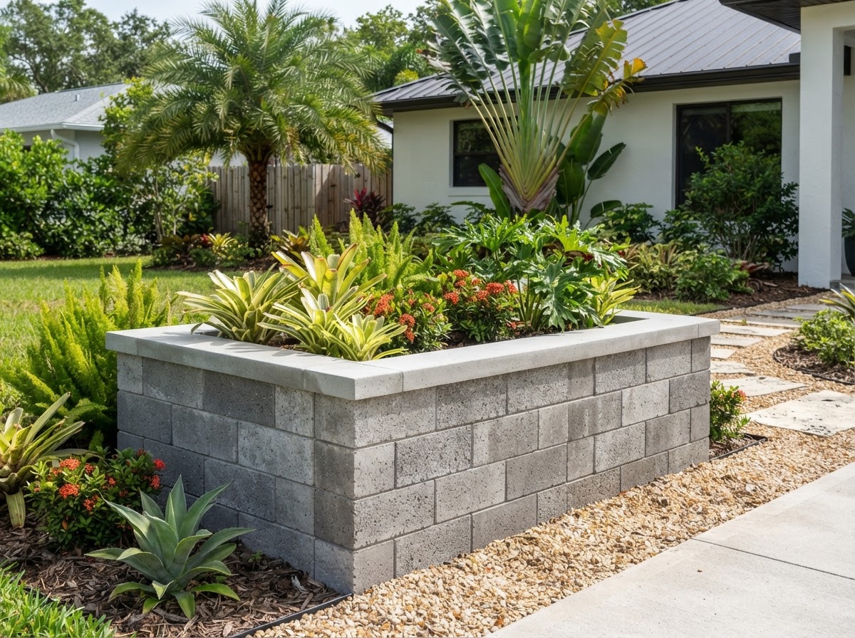 Finished concrete block garden planter with a clean cap