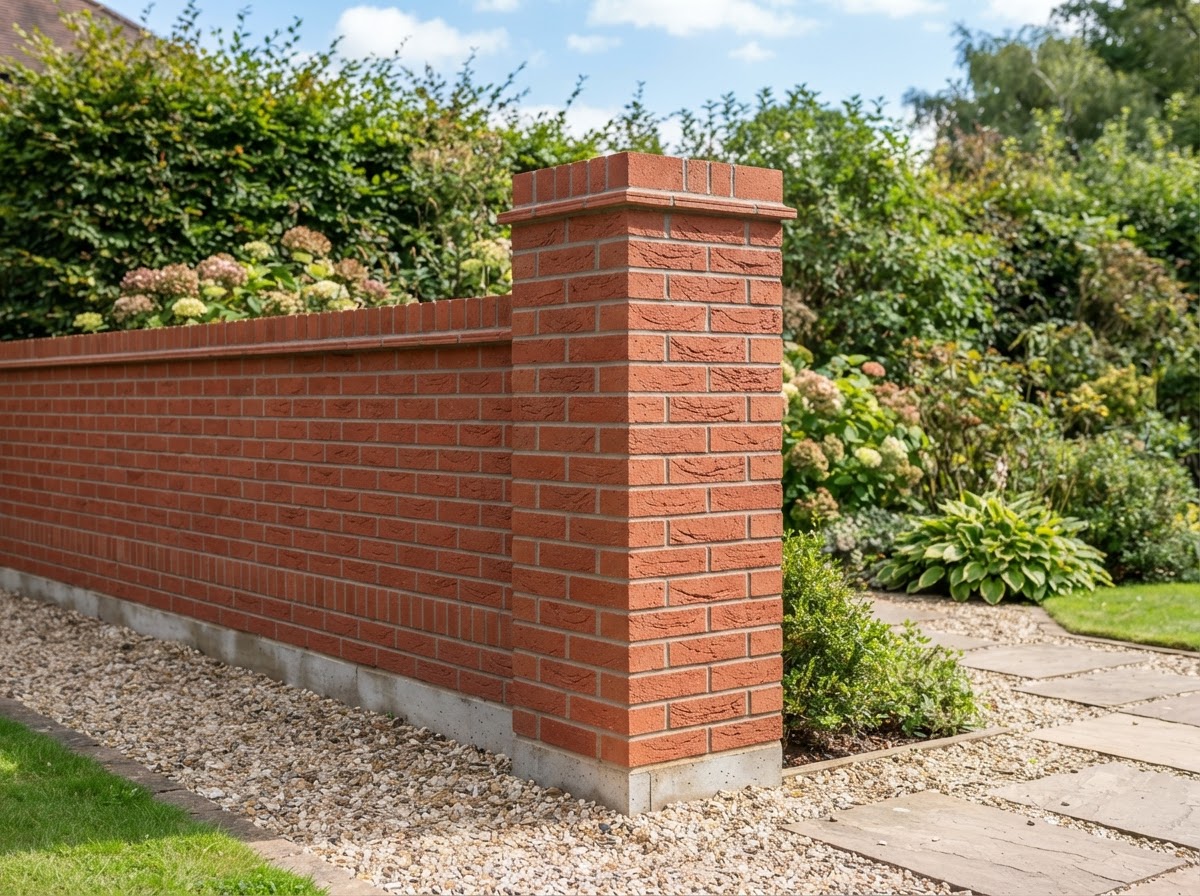 Finished intact red brick garden wall and column with clean mortar joints
