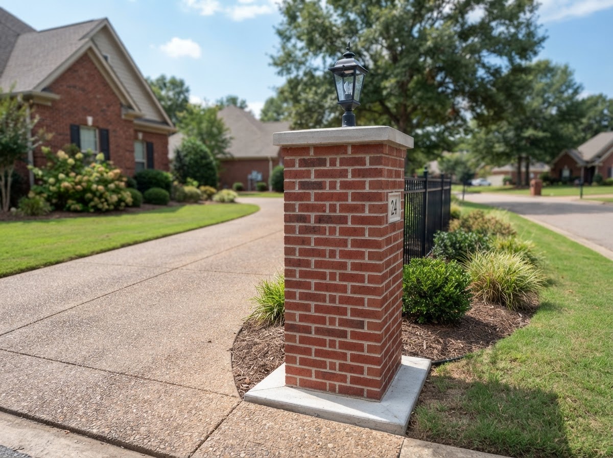 Finished freestanding red brick masonry column at a driveway entrance