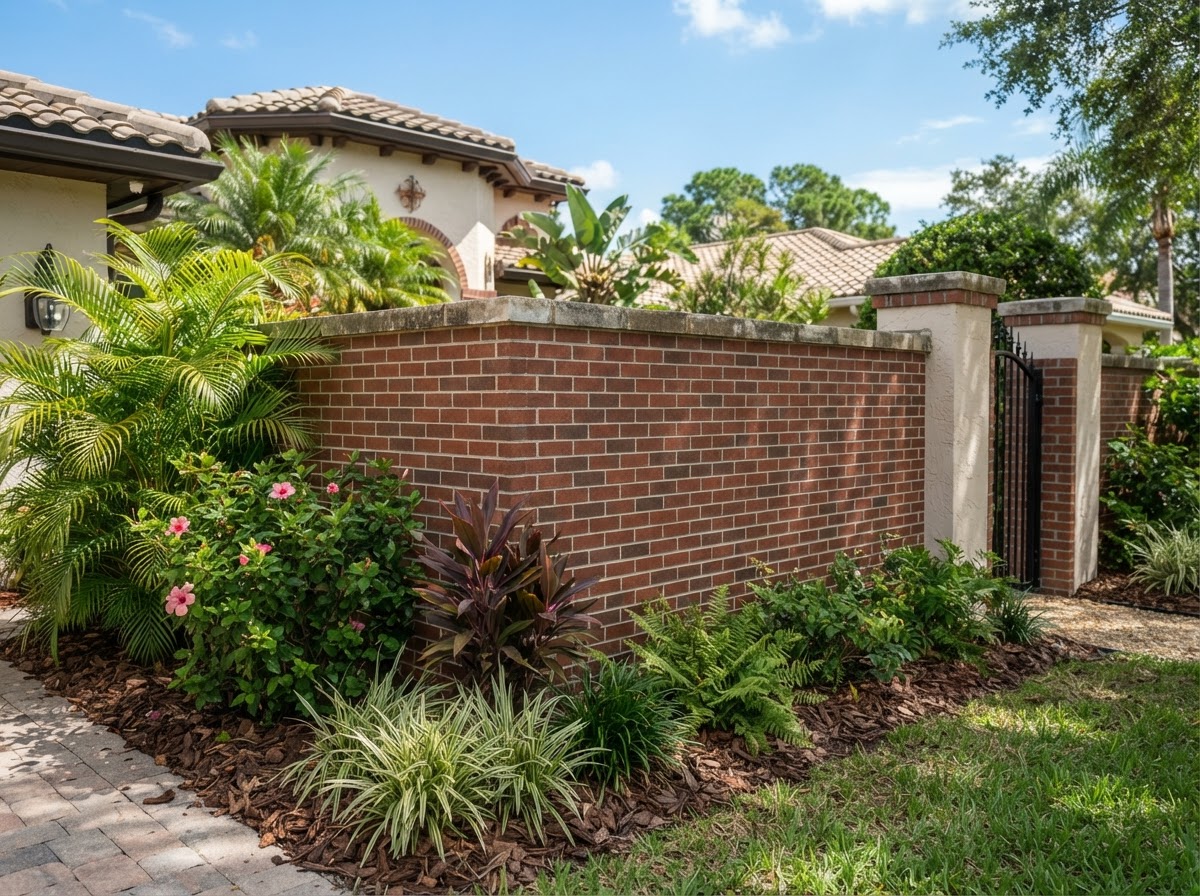 Finished intact restored garden brick wall with clean mortar joints