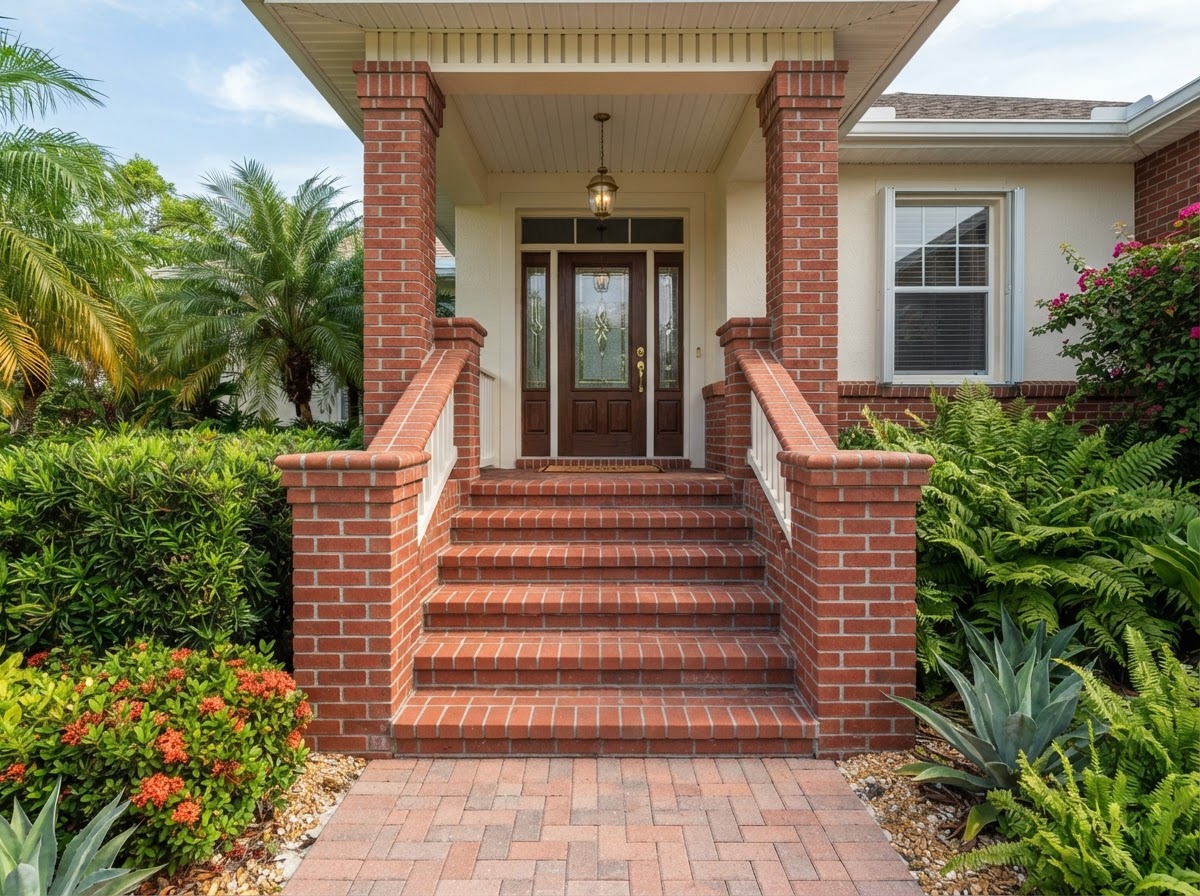 Finished red brick masonry entry steps and columns with clean mortar joints