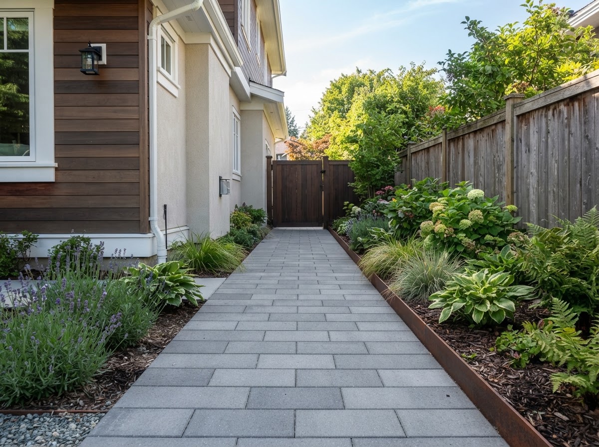 Finished straight paver side access walkway along a home