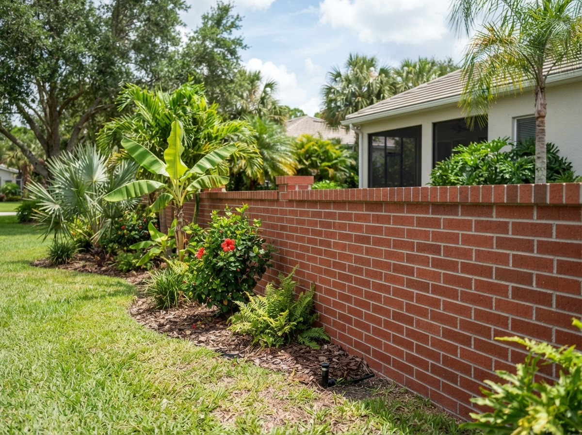 Finished red brick garden boundary wall with clean mortar joints