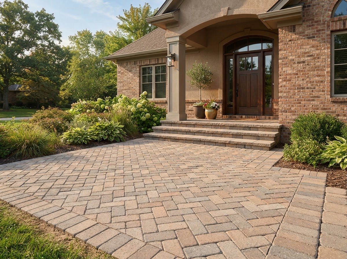 Finished paver patio showing layout, borders, and connection to a residential home