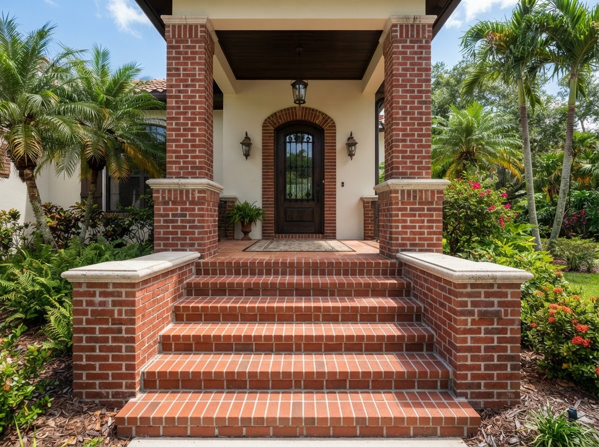 Finished red brick masonry entry steps and flanking columns