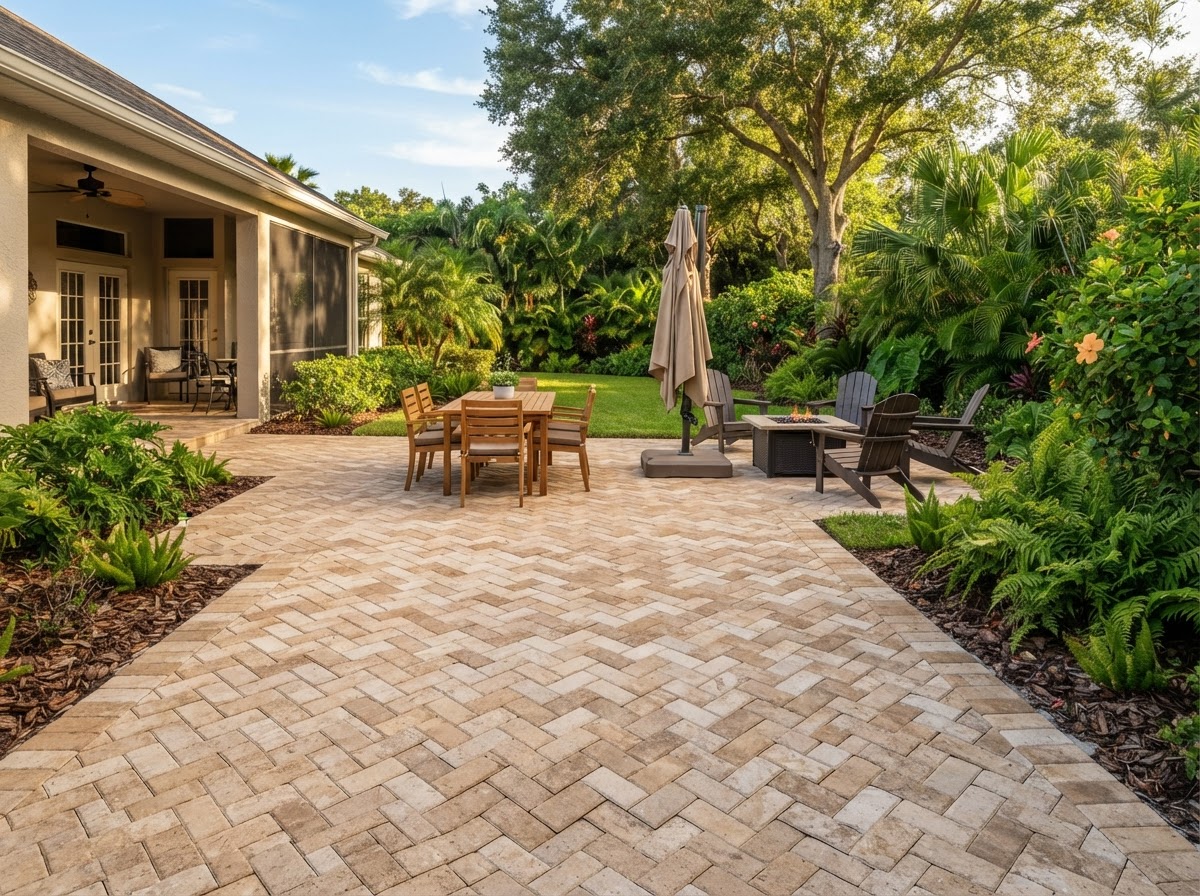 Finished herringbone paver backyard patio with a soldier course border