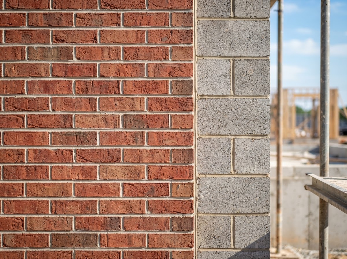Close view of finished brick and block masonry with legible units and mortar joints
