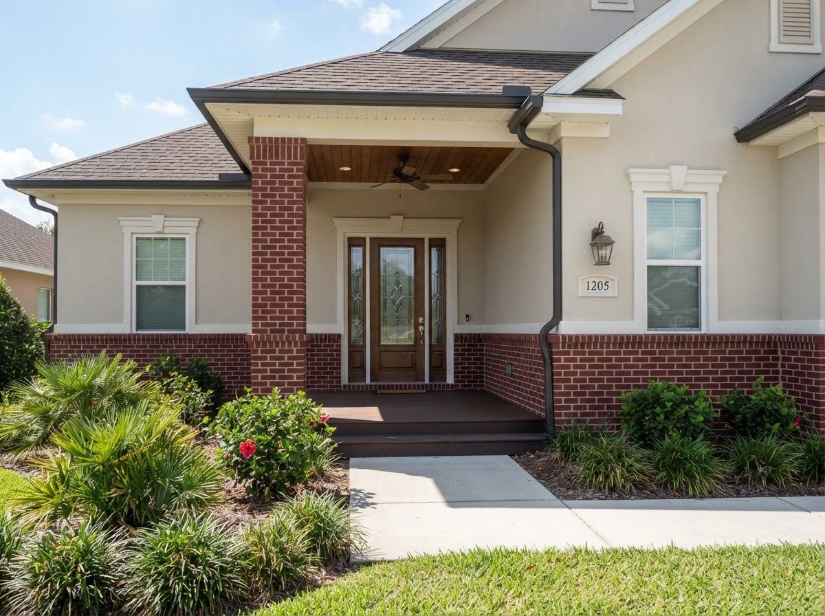 Finished coordinated exterior brick skirt and column accent on a home