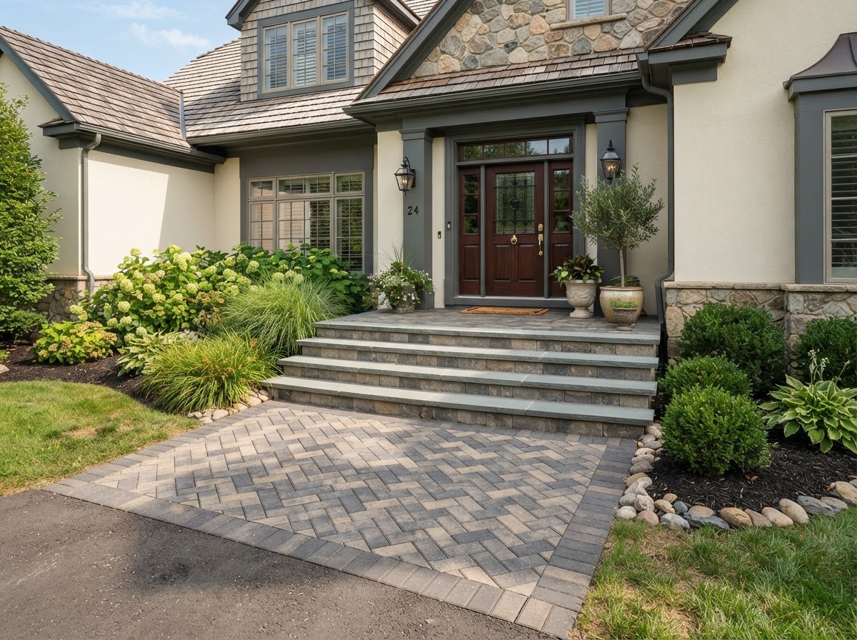 Finished paver front entry walkway and steps with a clean border