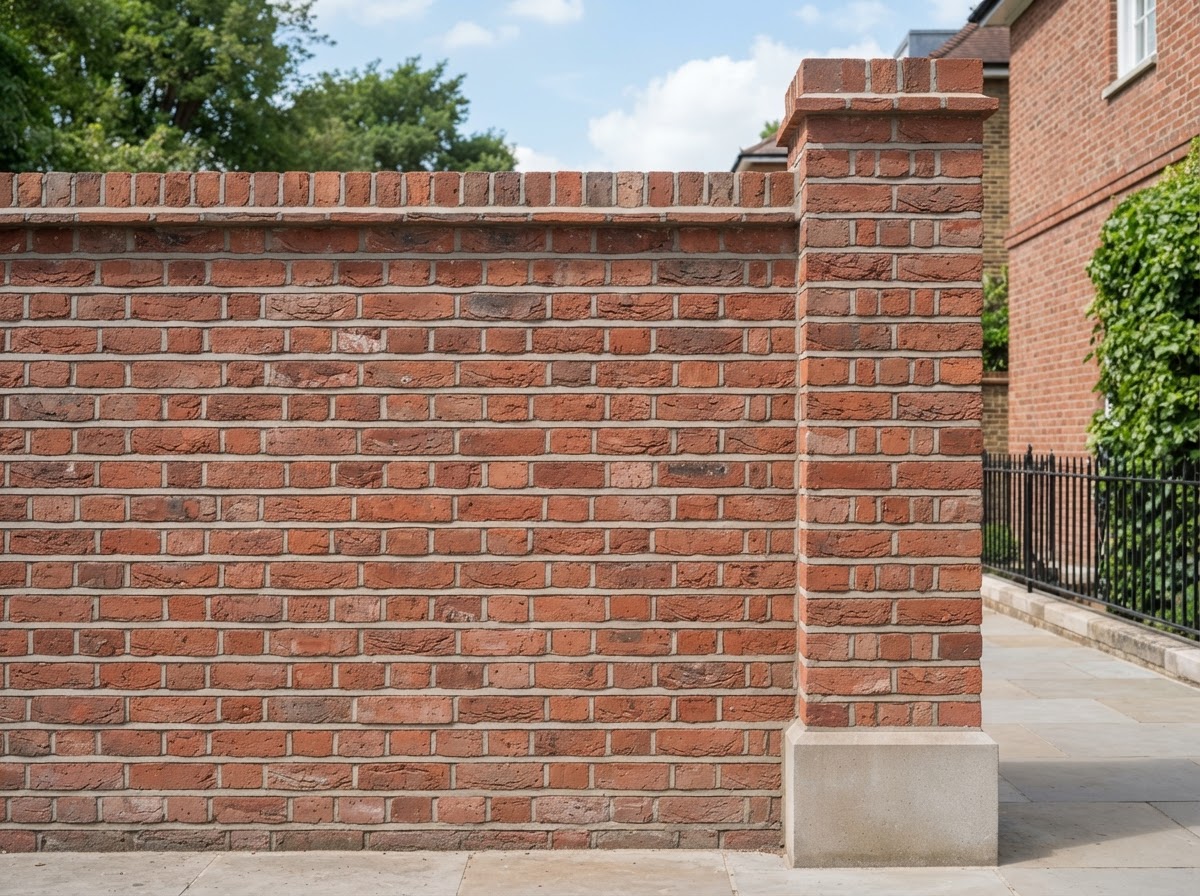 Finished masonry wall with clean repointed mortar joints