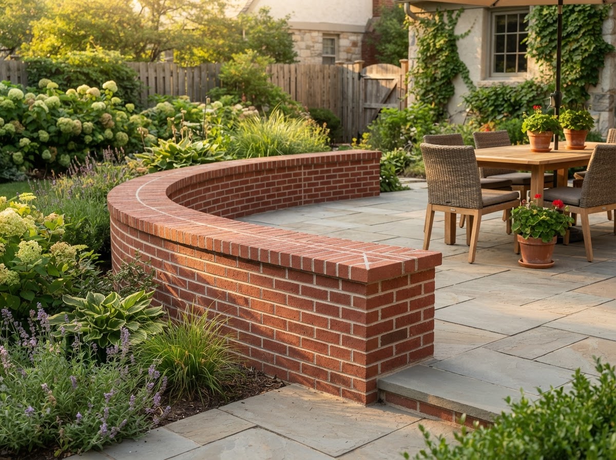 Finished low red brick masonry seating edge bordering a patio