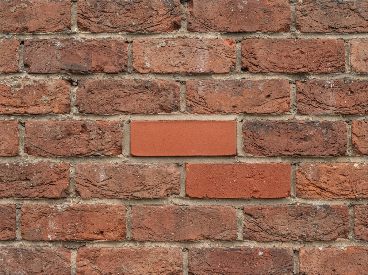 Finished intact red brick wall with a clean replacement brick integrated