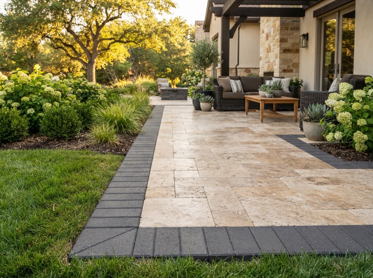 Finished soldier course paver border detail framing a patio
