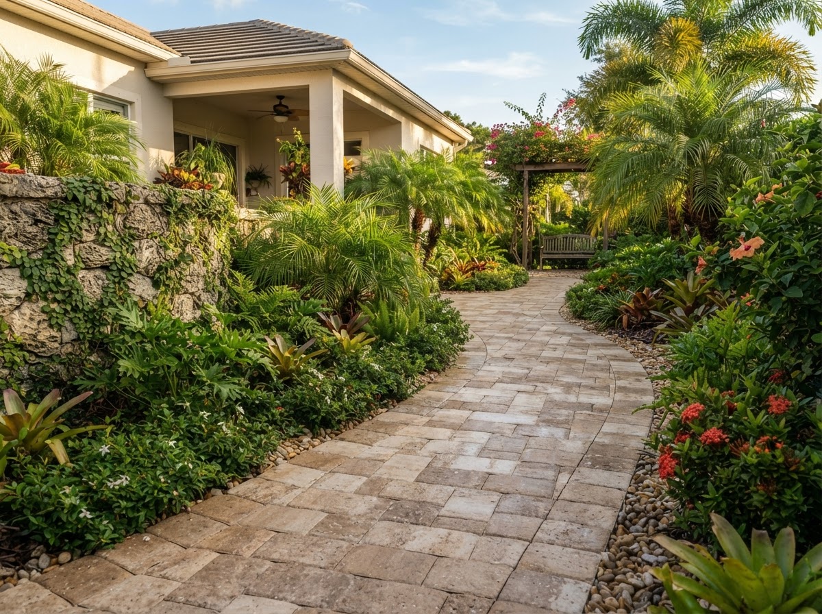 Finished running bond paver garden path through a residential yard