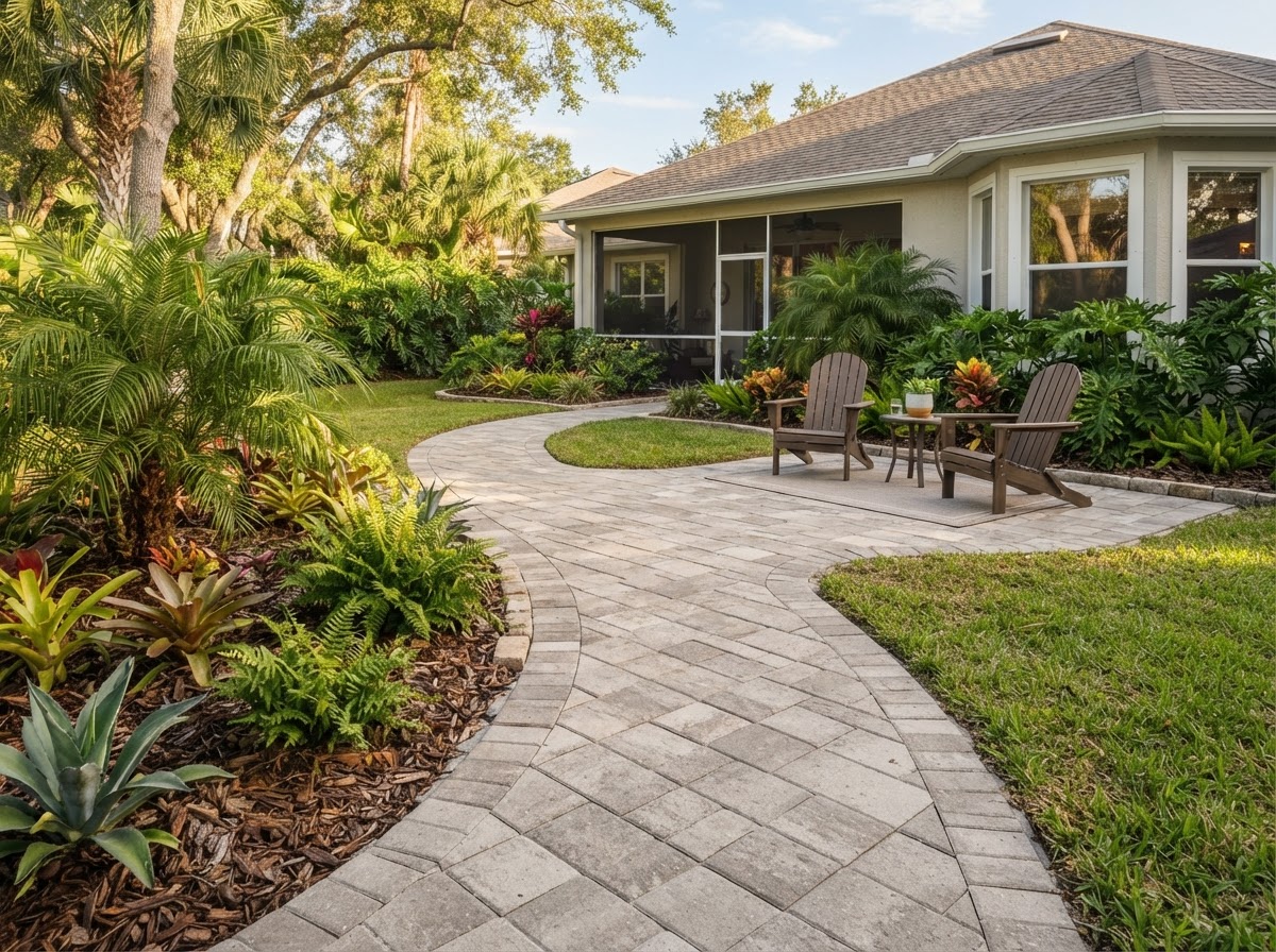 Finished paver walkway and patio with a clean border in a residential yard